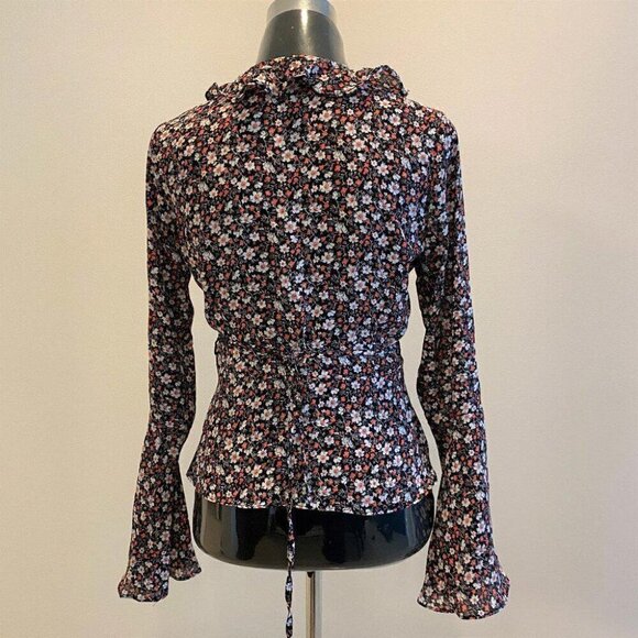 Whimsigoth Wrap Blouse Small Ruffle Bell Sleeve Moody Floral - Picture 4 of 13